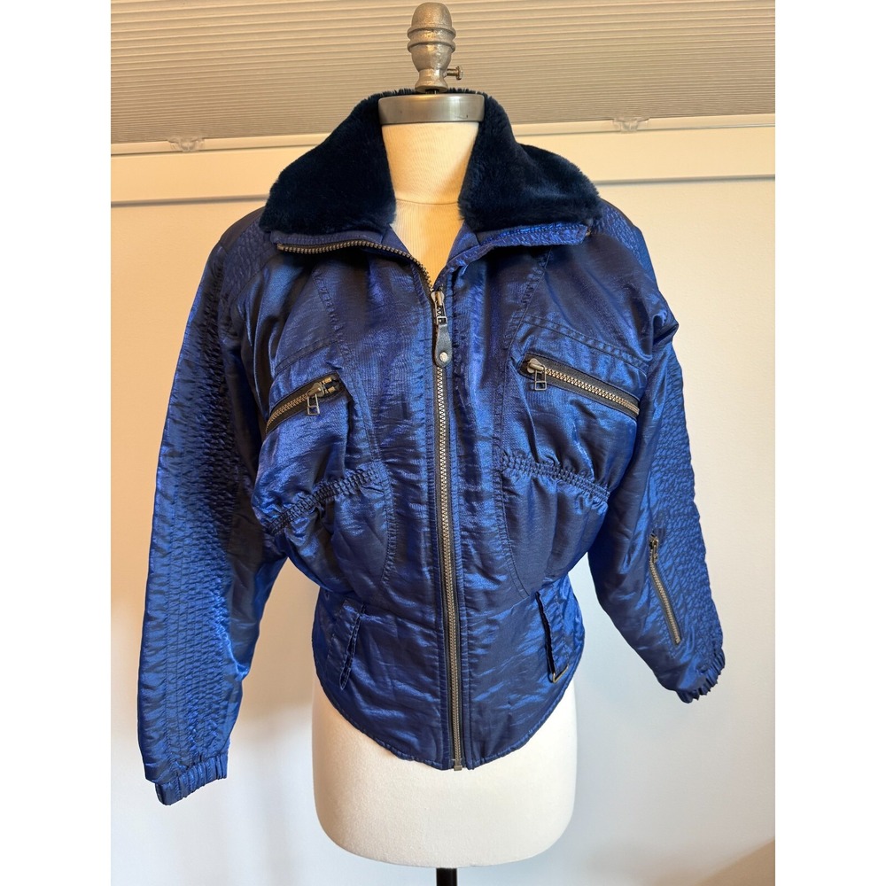 NILS VTG 80s Ski Puffer Jacket Blue Metallic Faux Fur Collar Sz 4 Y3K Y2K  VTG